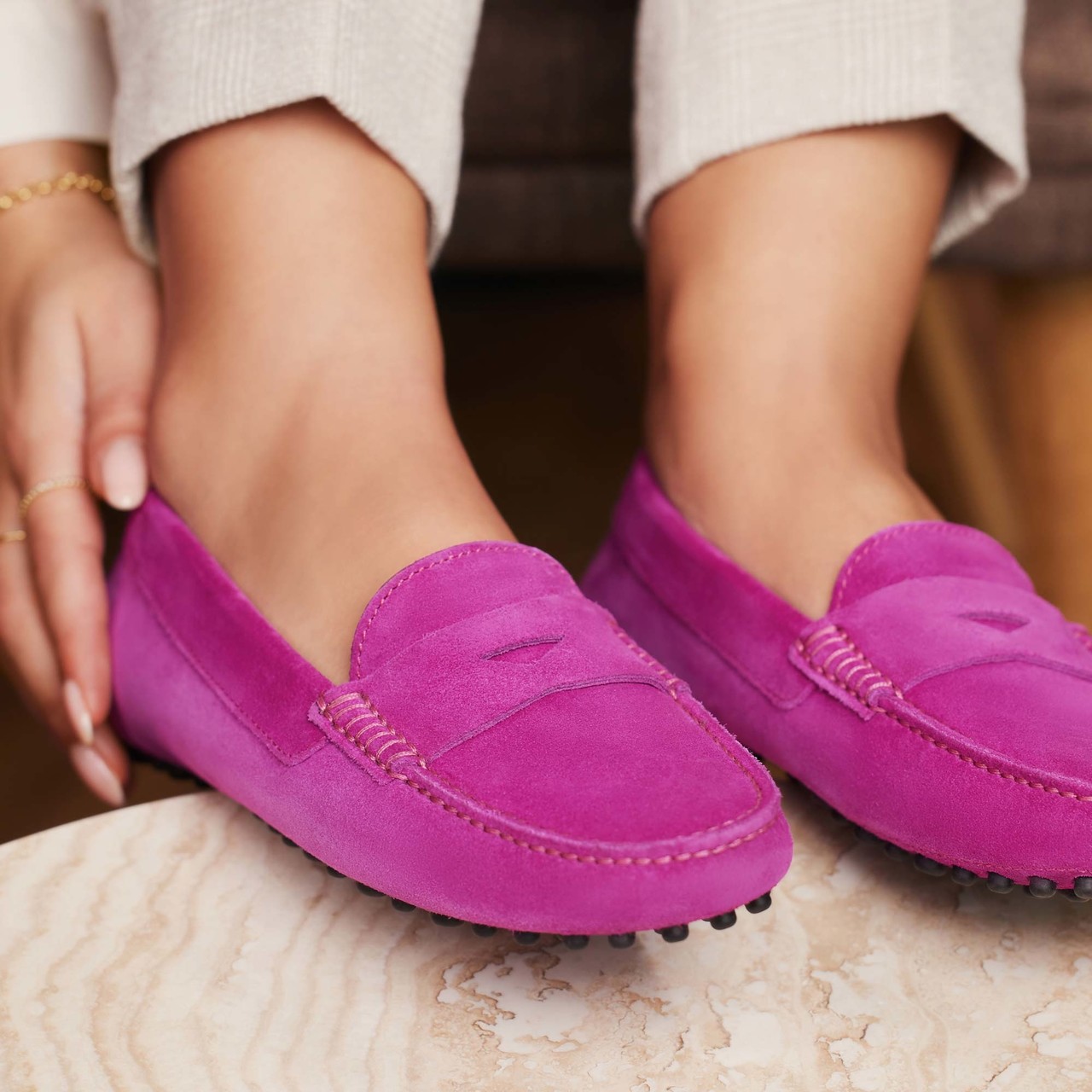Isabel Bernard Vendôme Marie fuchsia suede moccasins