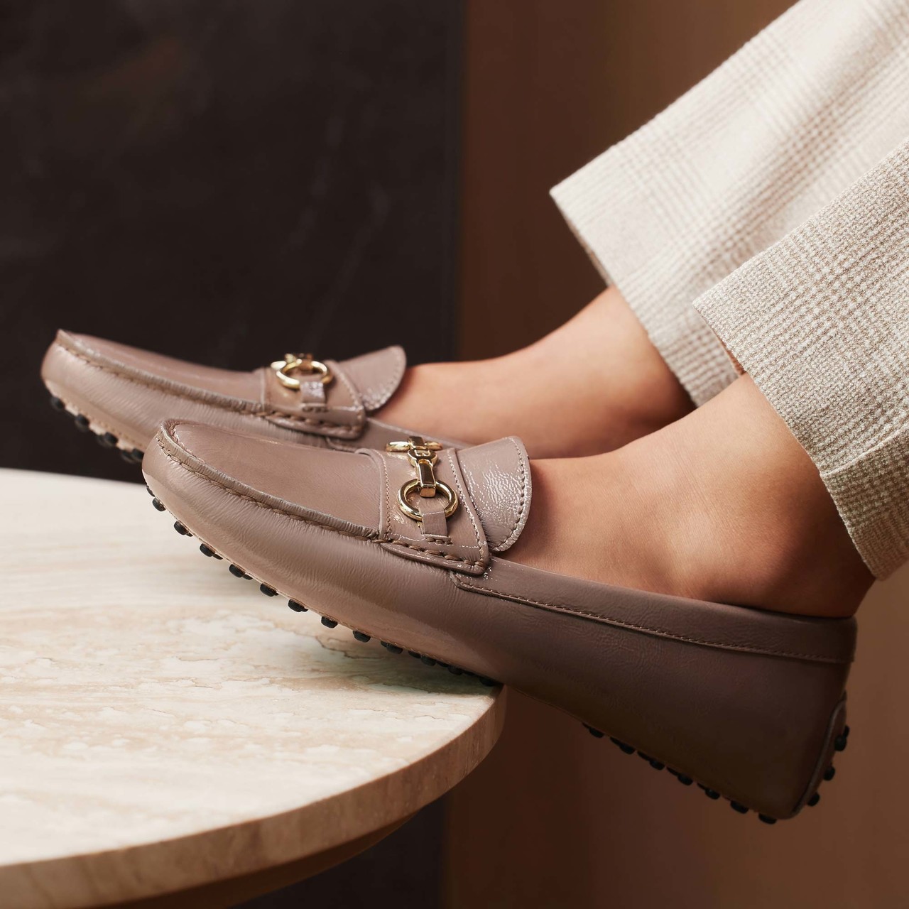 Isabel Bernard Vendôme Marie taupe calfskin patent leather moccasins