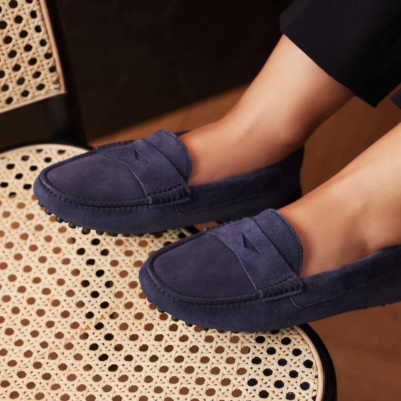 Dark store blue moccasins