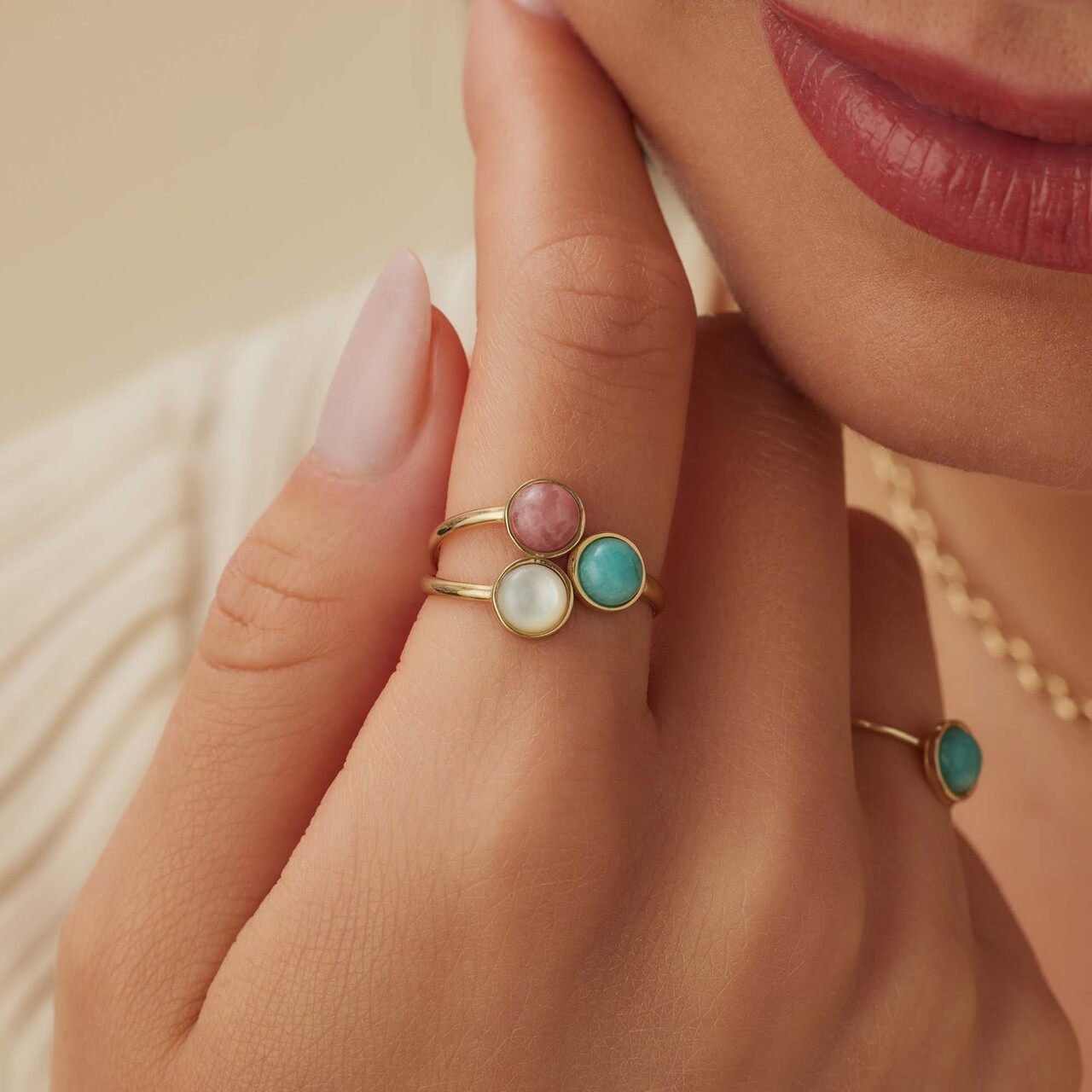 Isabel Bernard Belleville Cachet 14 karat gold ring with rose quartz, amazonite and mother of pearl gemstones
