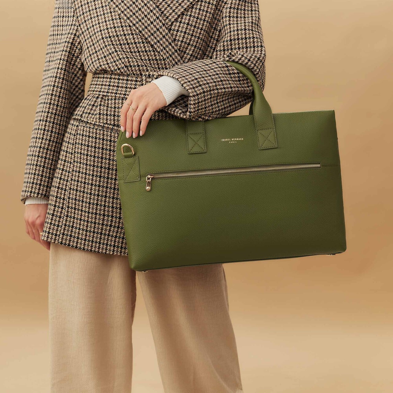 Isabel Bernard Honoré Anique green calfskin leather handbag with 16.4 inch laptop compartment