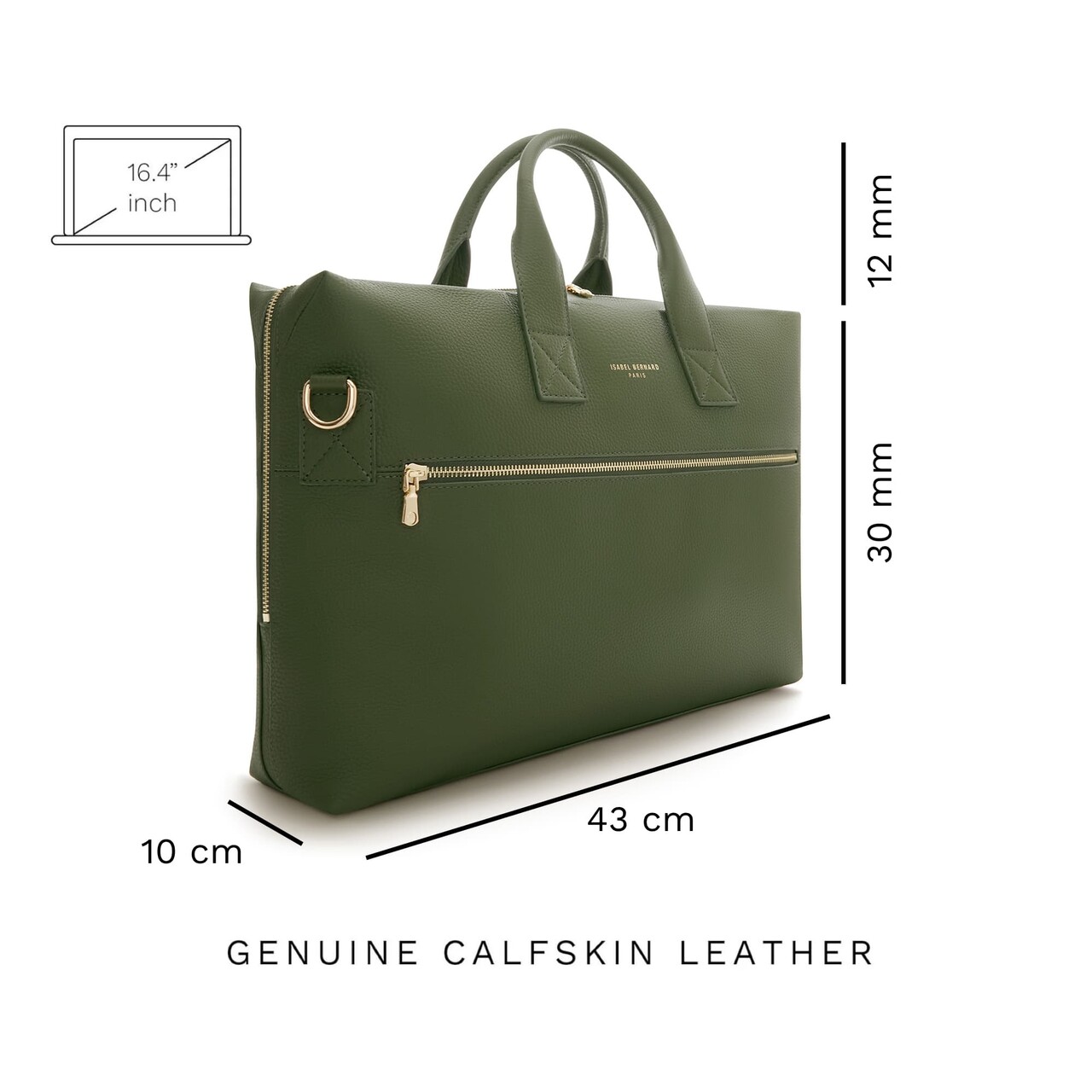 Isabel Bernard Honoré Anique green calfskin leather handbag with 16.4 inch laptop compartment