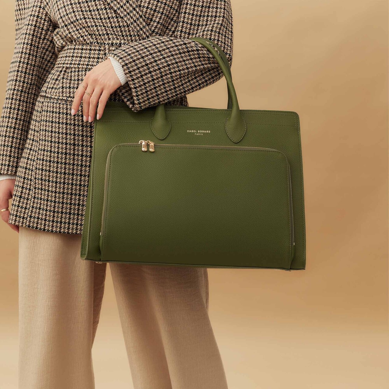 Isabel Bernard Honoré Nadine green calfskin leather handbag with 16.4 inch laptop compartment