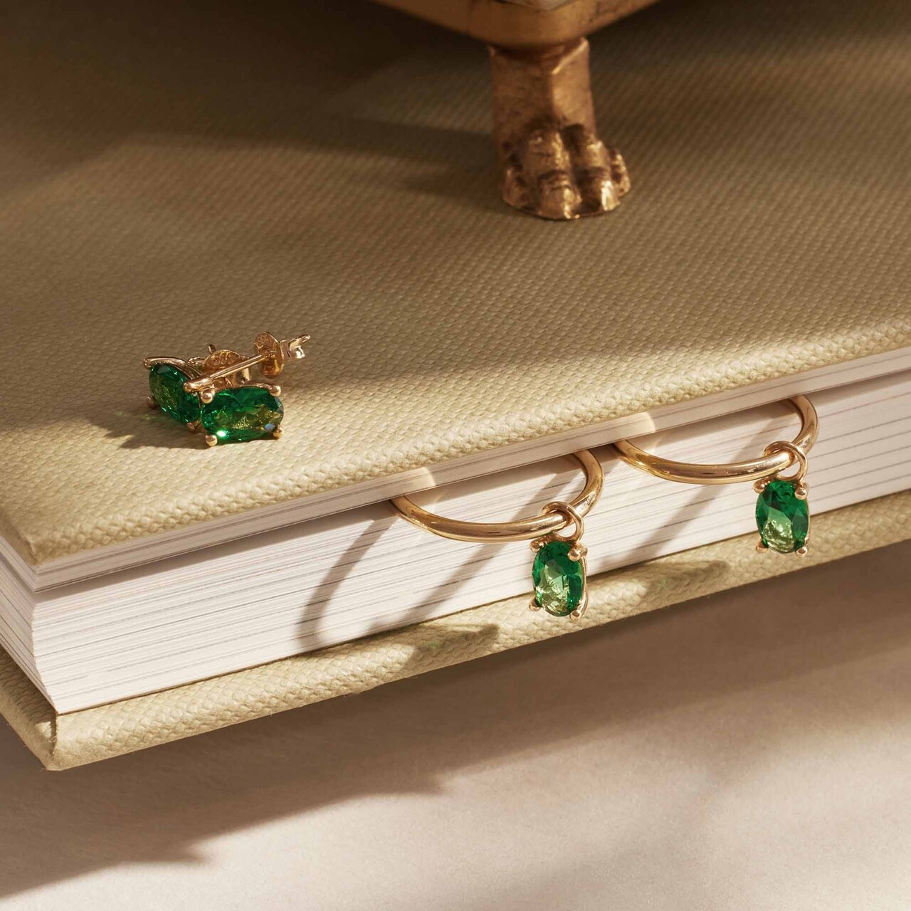 Isabel Bernard Baguette Olivia 14 karat gold stud ear studs with green zirconia stone