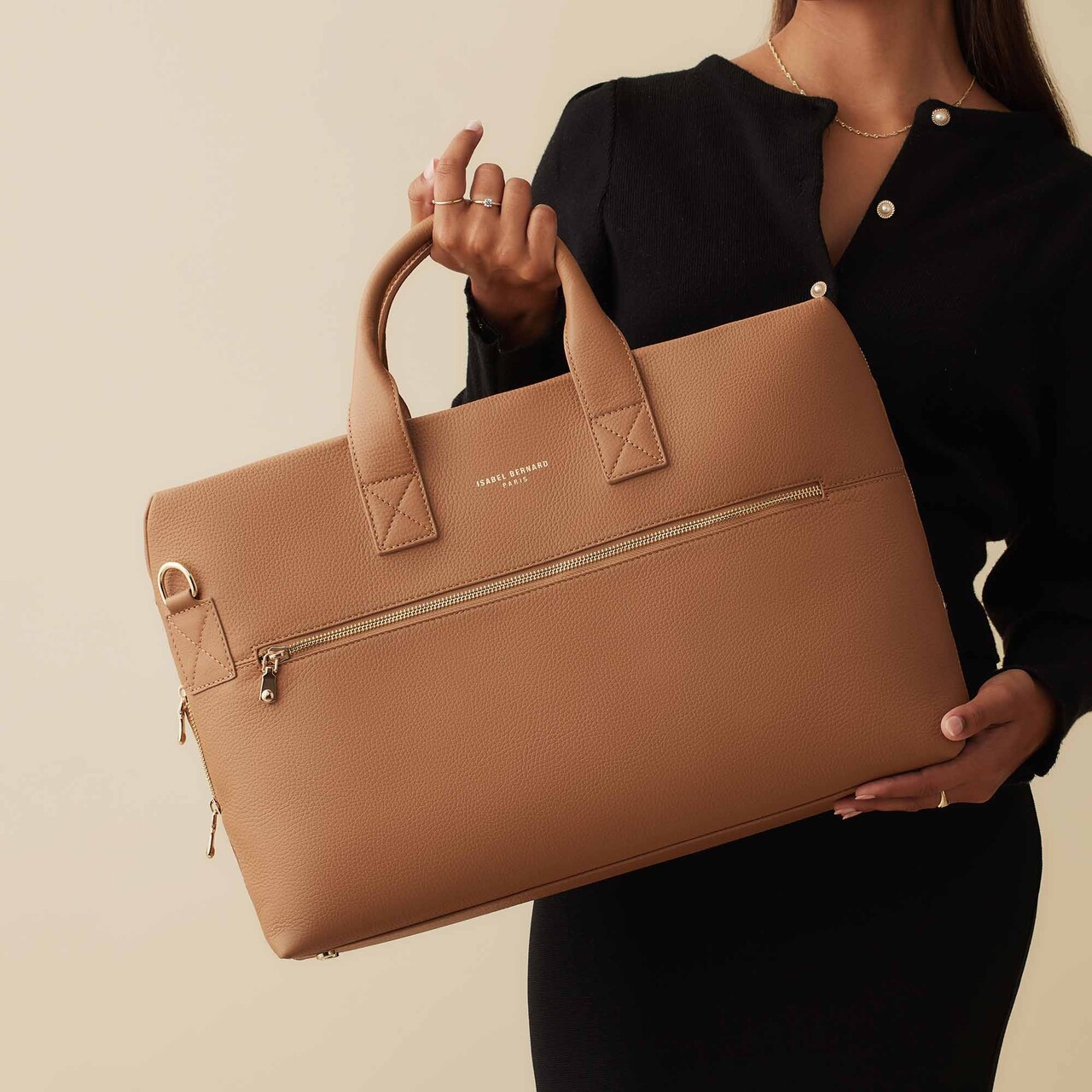 Isabel Bernard Honoré Anique camel calfskin leather handbag with 16.4 inch laptop compartment