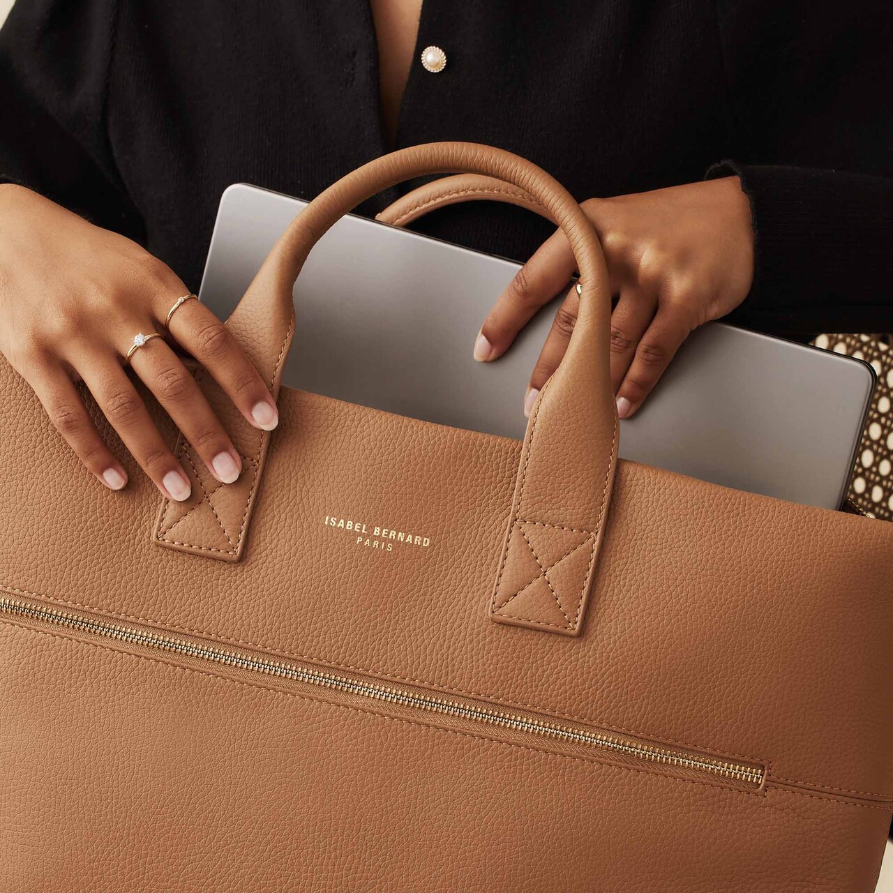 Isabel Bernard Honoré Anique camel calfskin leather handbag with 16.4 inch laptop compartment