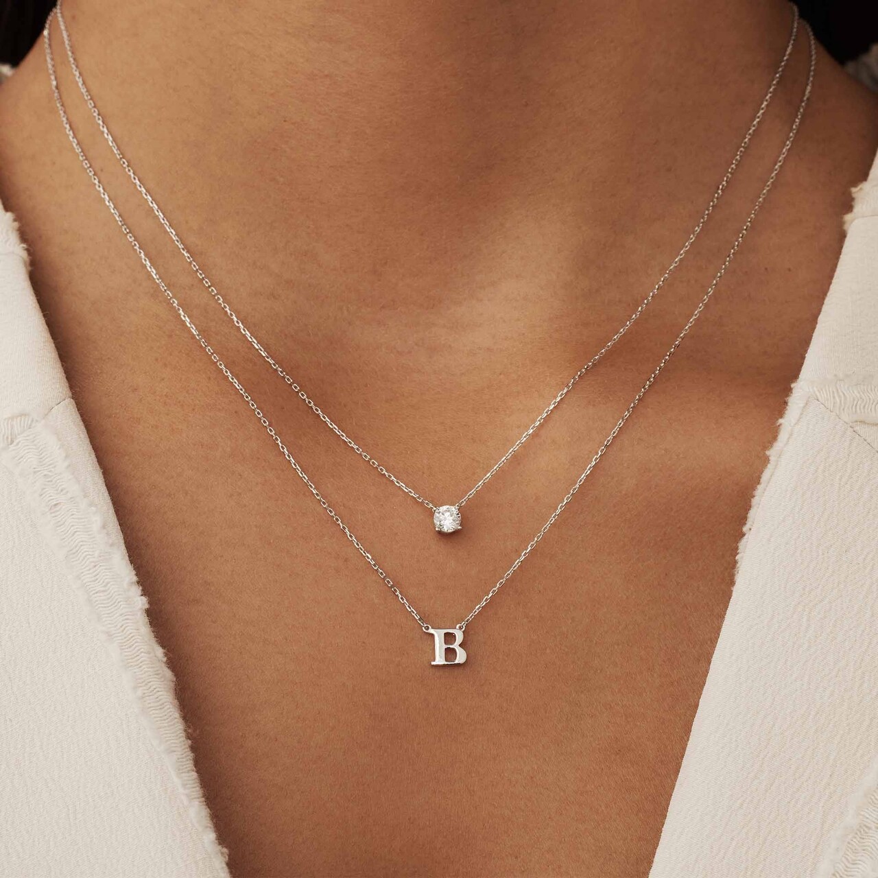 14K Gold Diamond Initial Necklace 14K White Gold / 14 Inches