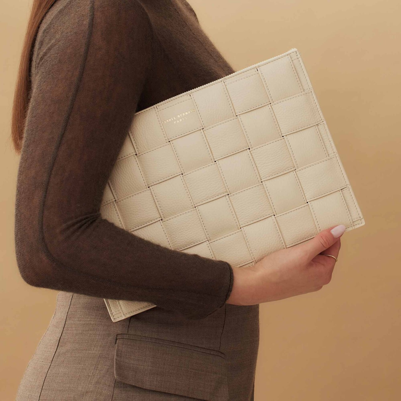 Isabel Bernard Honoré Cosette cream braided calfskin leather laptop sleeve with shoulder strap