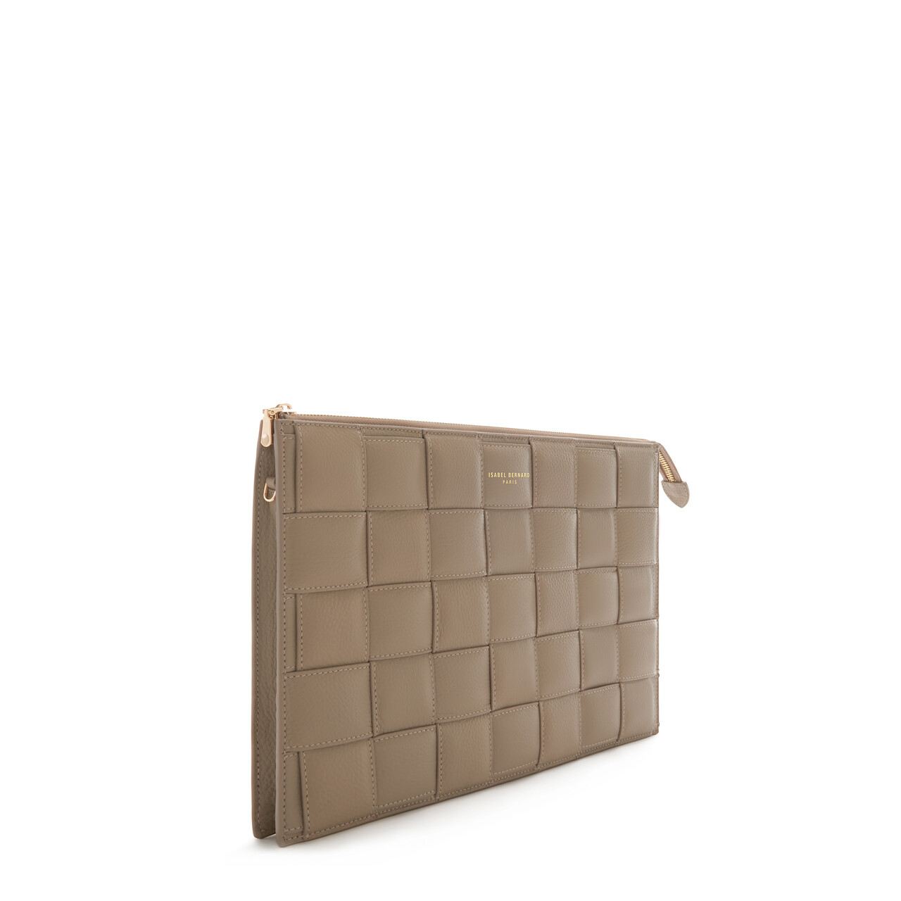 Isabel Bernard Honoré Cosette taupe braided calfskin leather laptop sleeve with shoulder strap