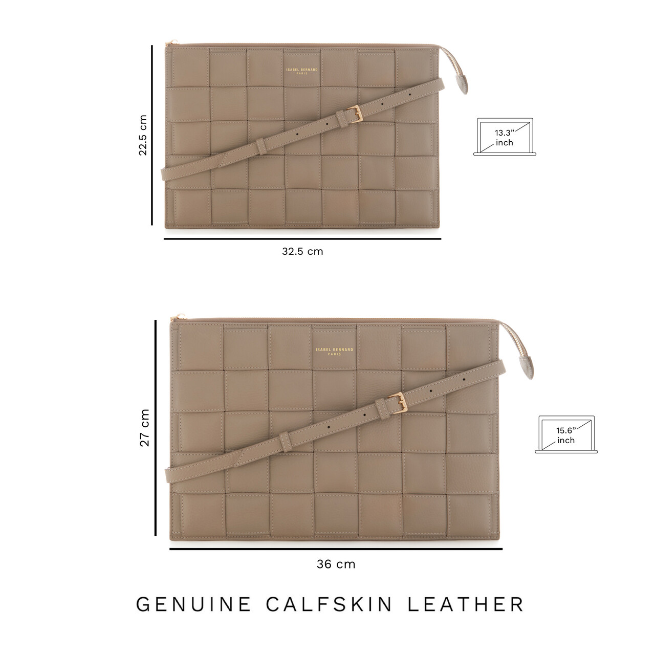Isabel Bernard Honoré Cosette taupe braided calfskin leather laptop sleeve with shoulder strap