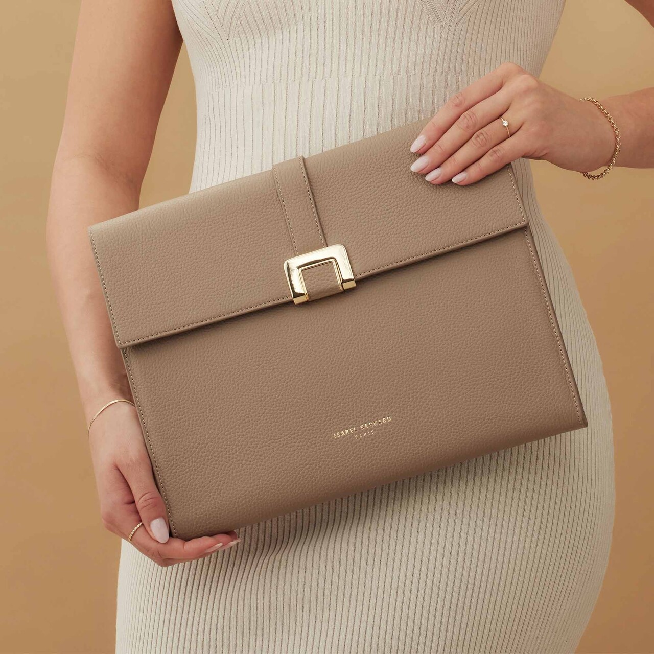 Isabel Bernard Honoré Clara taupe calfskin leather laptop sleeve with shoulder strap