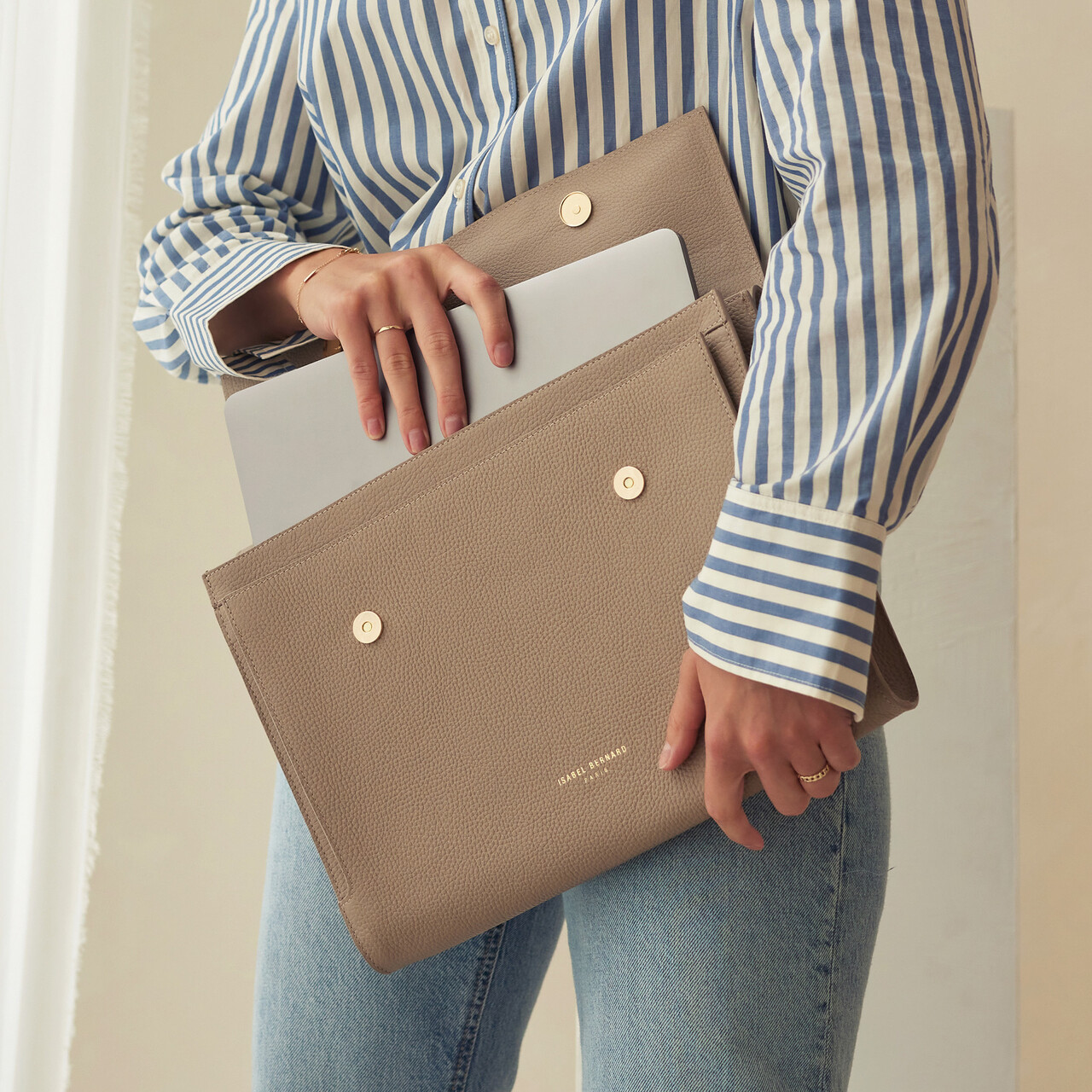 Isabel Bernard Honoré Caroline taupe braided calfskin leather laptop sleeve