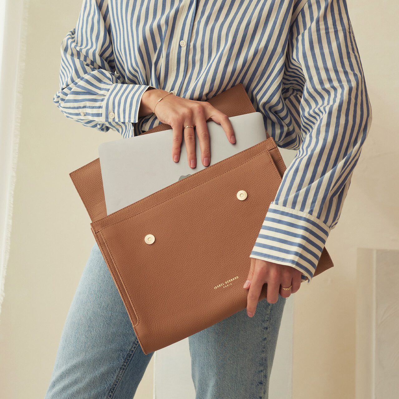 Isabel Bernard Honoré Caroline camel braided calfskin leather laptop sleeve