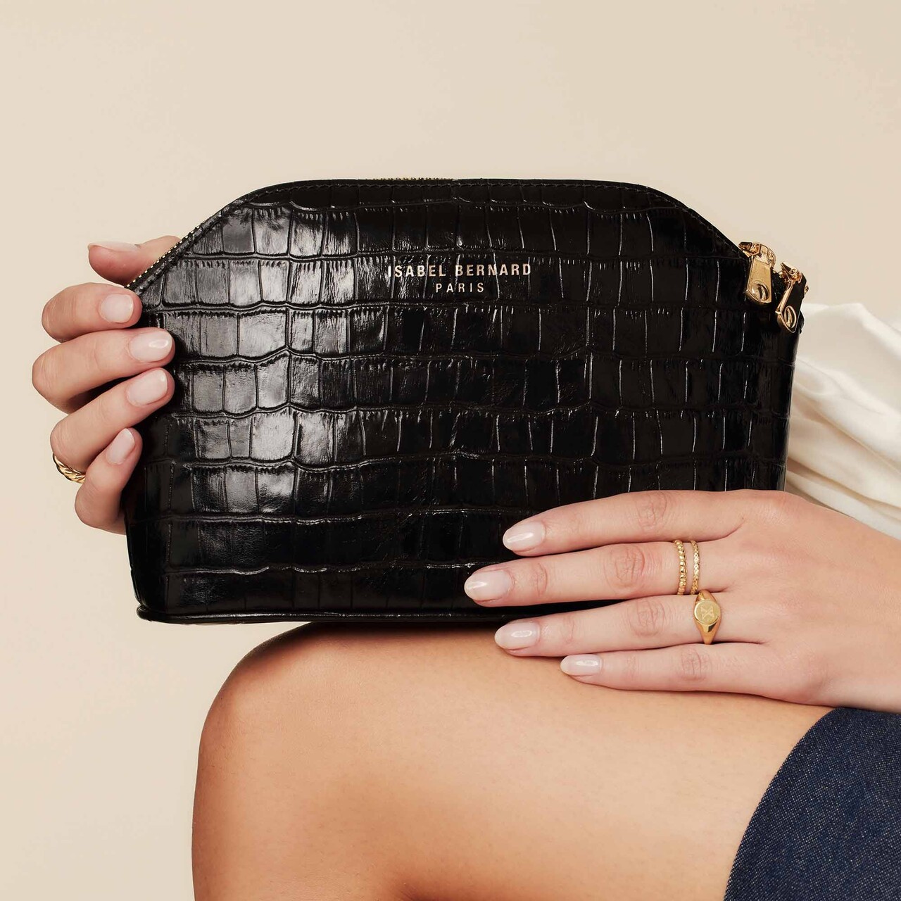 Isabel Bernard Honoré Brunelle croco black calfskin leather toiletry bag