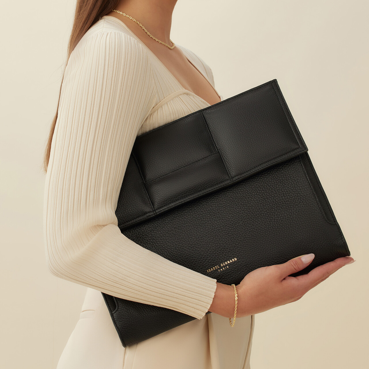 Isabel Bernard Honoré Caroline black braided calfskin leather laptop sleeve