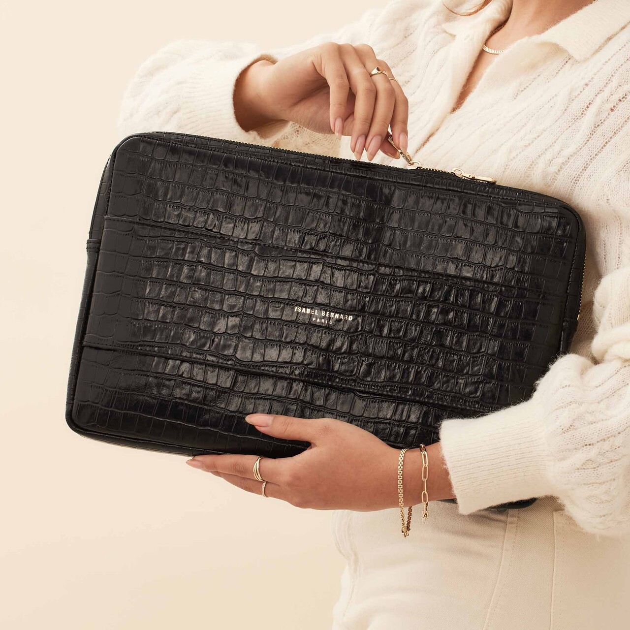 Isabel Bernard Honoré Caress croco black calfskin leather laptop sleeve