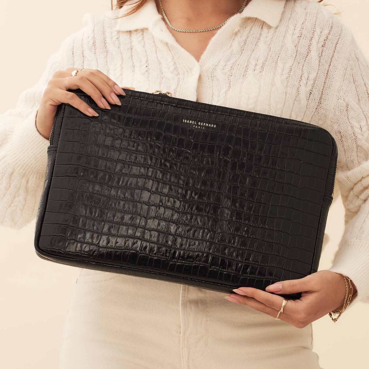Isabel Bernard Honoré Caress croco black calfskin leather laptop sleeve
