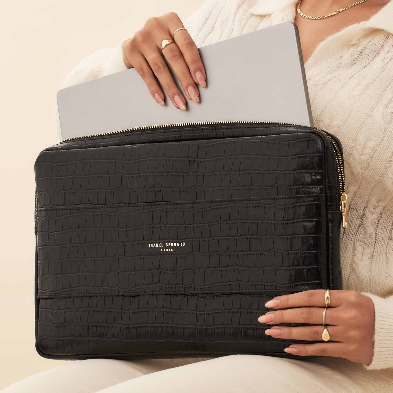 Isabel Bernard Honoré Caress croco black calfskin leather laptop sleeve