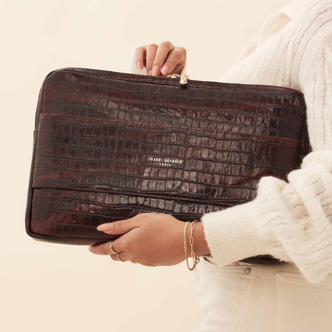 Isabel Bernard Honoré Caress croco brown calfskin leather laptop sleeve