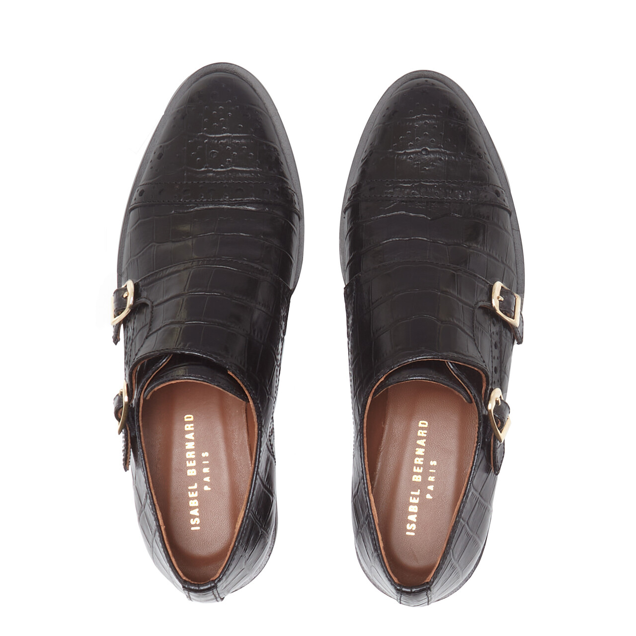 Isabel Bernard Vendôme Sophie croco black calfskin leather double monk shoes