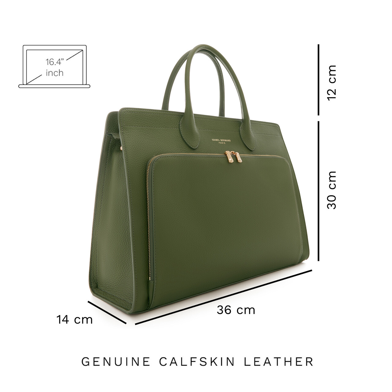 Isabel Bernard Honoré Nadine green calfskin leather handbag with 16.4 inch laptop compartment