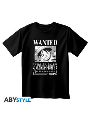Abystyle One Piece Unisex Black T-Shirt Wanted Luffy BW Size XL