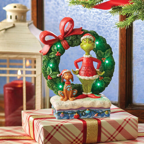Enesco Jim Shore Grinch and Max Light Up Wreath Figure Enesco Jim Shore Grinch and Max Light Up Wreath Figure