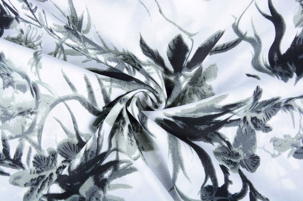 Leinenoptik Bedruckt Graue Tropische Blumen