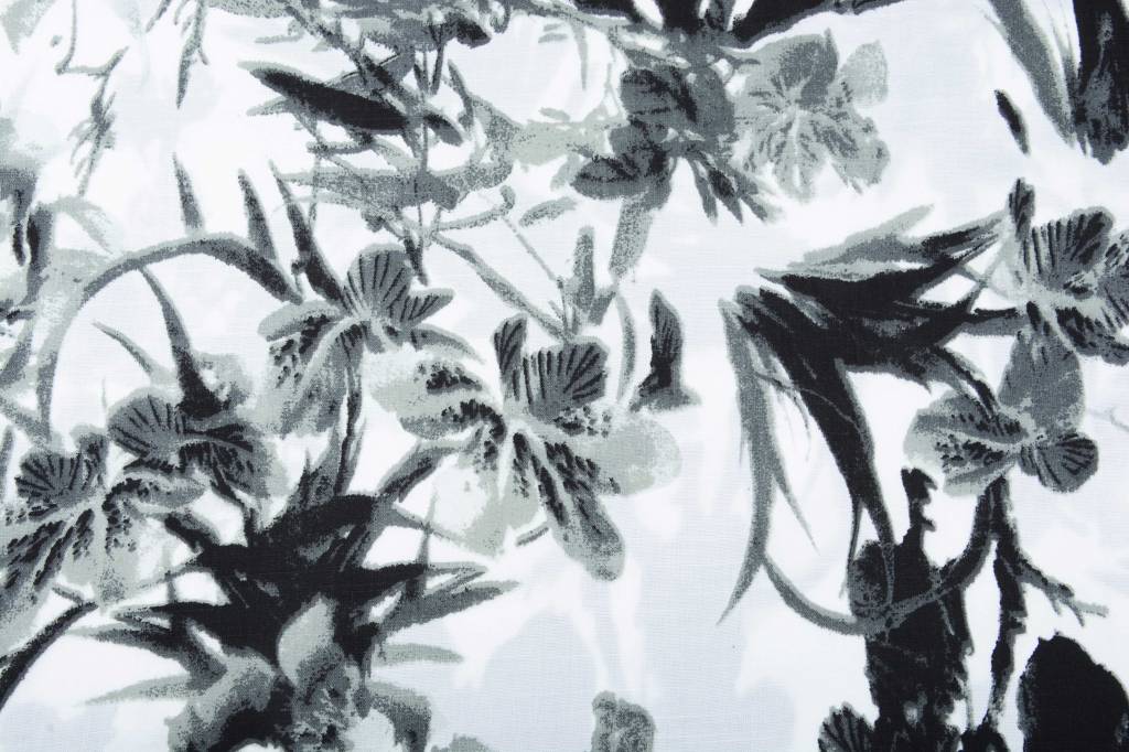Leinenoptik Bedruckt Graue Tropische Blumen