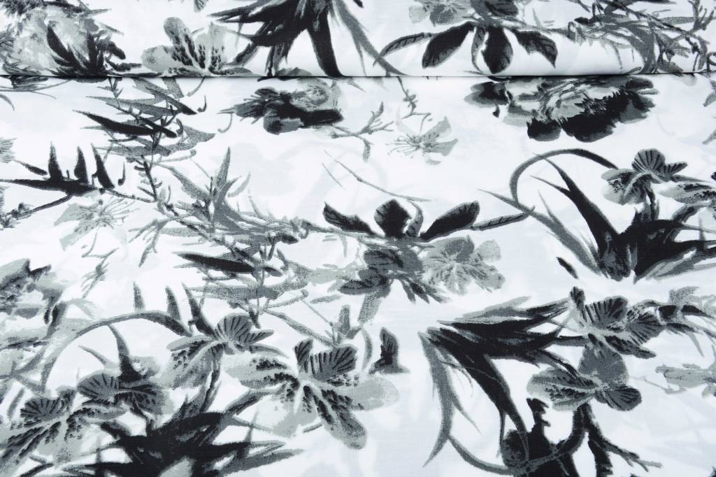 Leinenoptik Bedruckt Graue Tropische Blumen