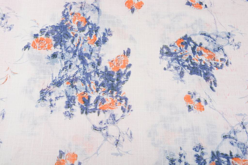 Bedruckte Baumwolle Leinenoptik Rosen Blau-Orange