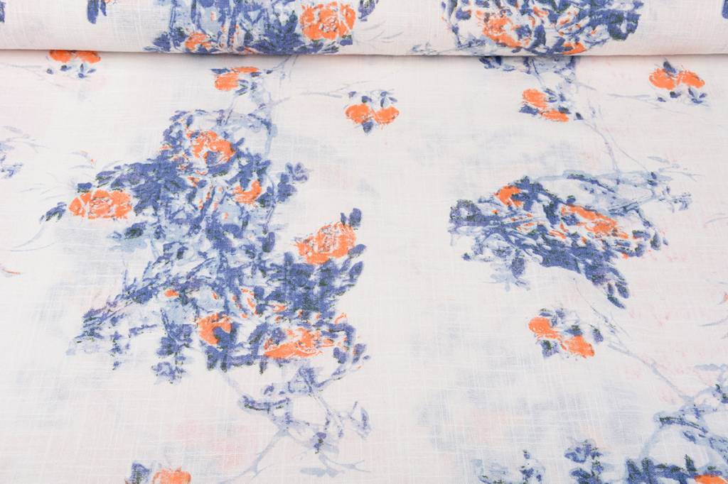 Bedruckte Baumwolle Leinenoptik Rosen Blau-Orange