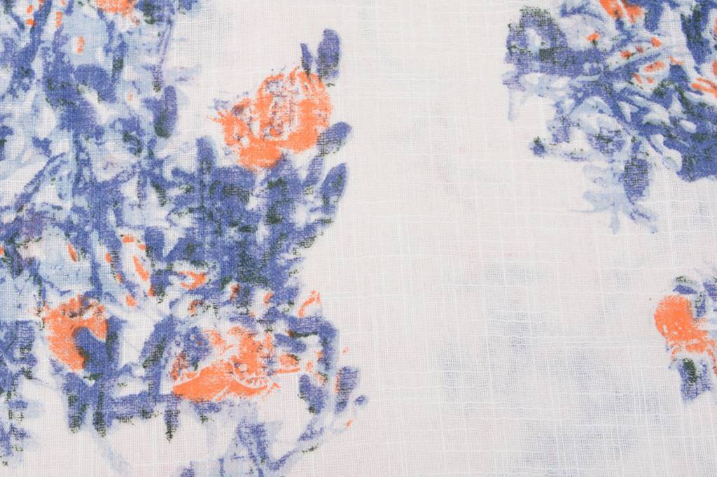 Bedruckte Baumwolle Leinenoptik Rosen Blau-Orange