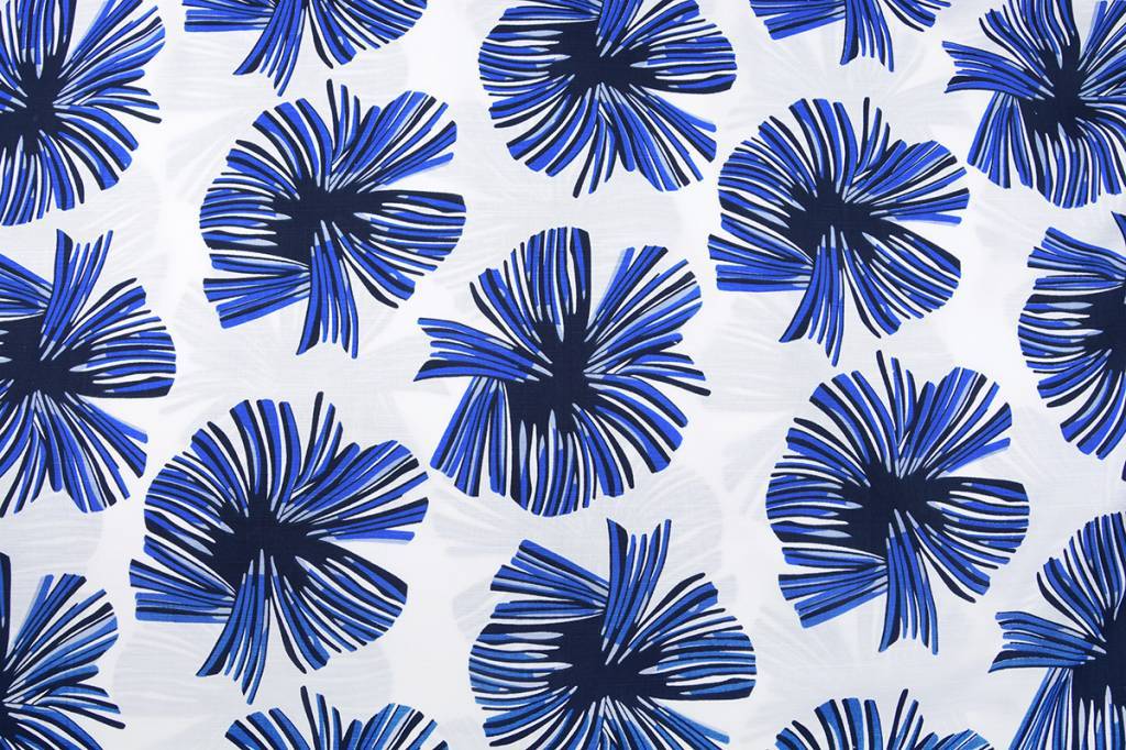 Linenlook Viscose Printed Tropical Leaves Cobalt Blue