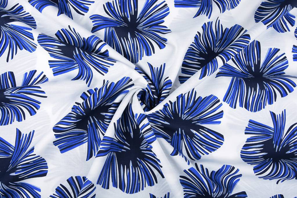 Linenlook Viscose Printed Tropical Leaves Cobalt Blue