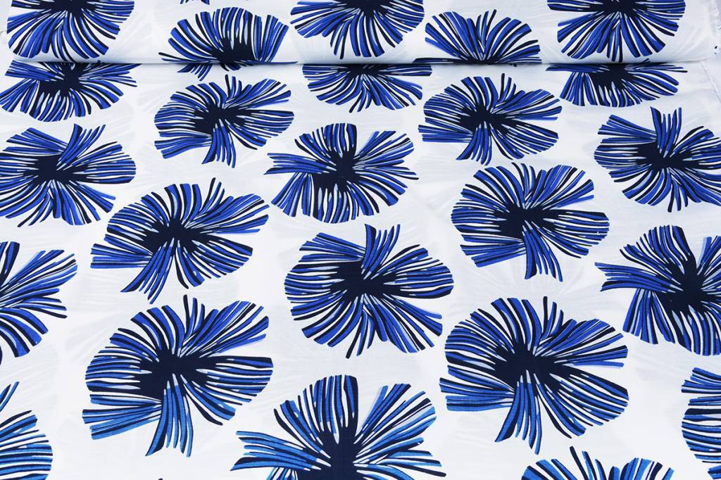 Linenlook Viscose Printed Tropical Leaves Cobalt Blue