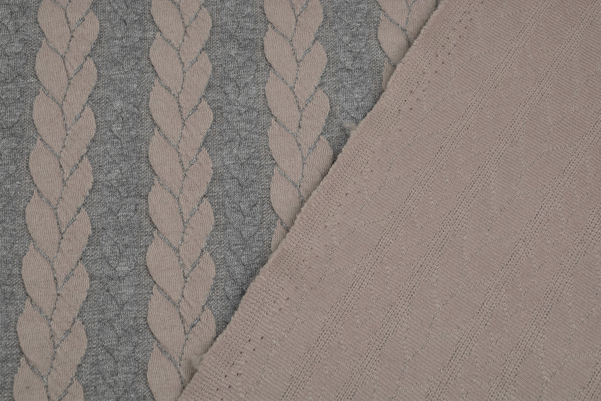 Strickstoff Zopfmuster Jersey Grau Puderrosa