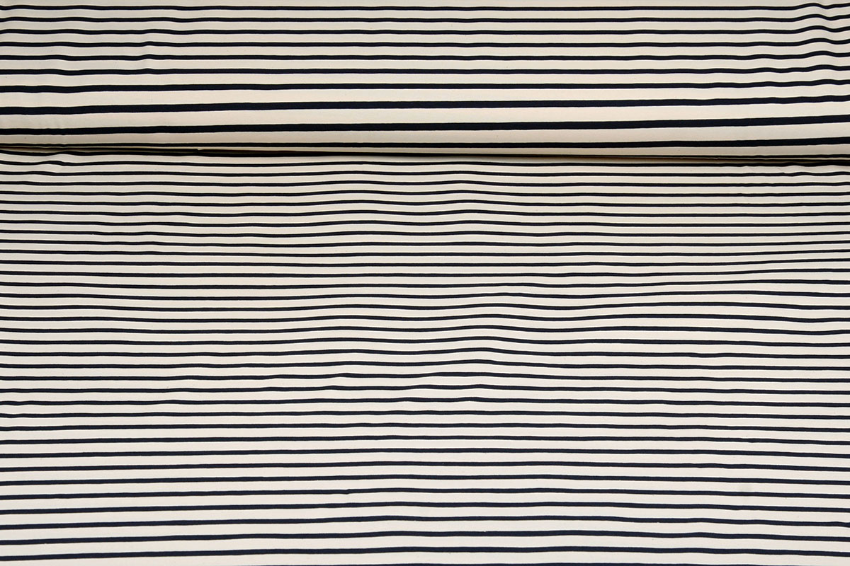 Baumwolljersey Großer Streifen Creme Marineblau