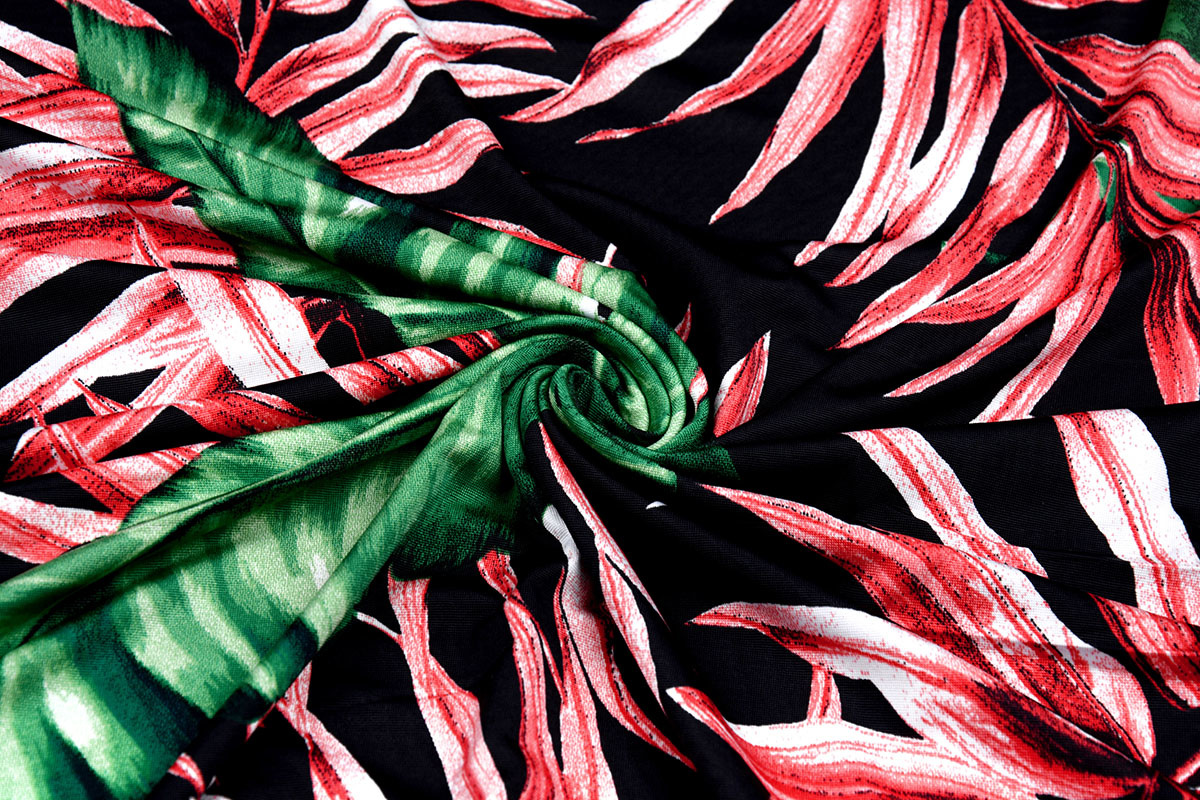 Lycra jersey Crepe Simmer Tropical leaves Black