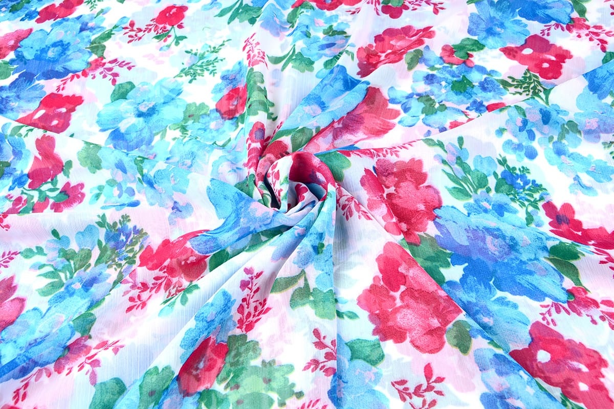 Chiffon Printed Flowers Aqua Pink