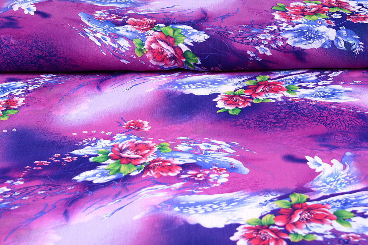 Chiffon Printed Flower Purple Blue