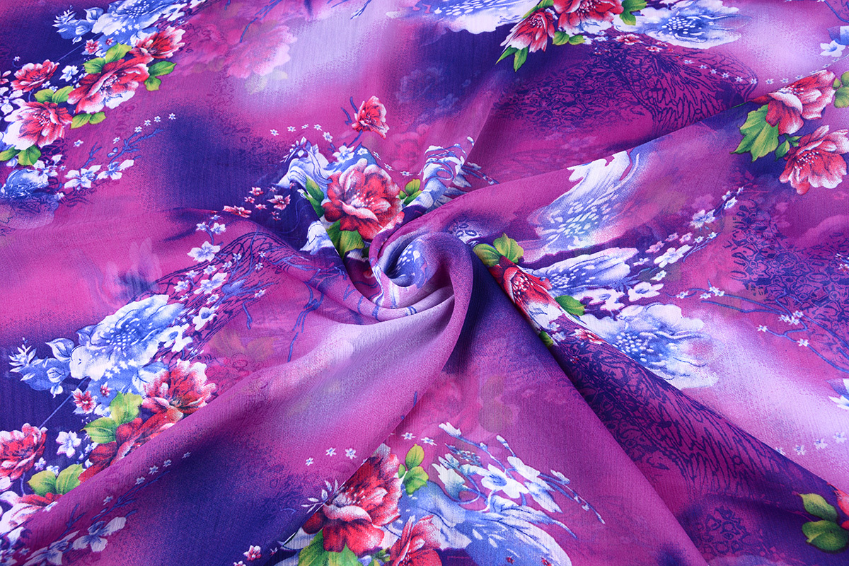 Chiffon Printed Flower Purple Blue
