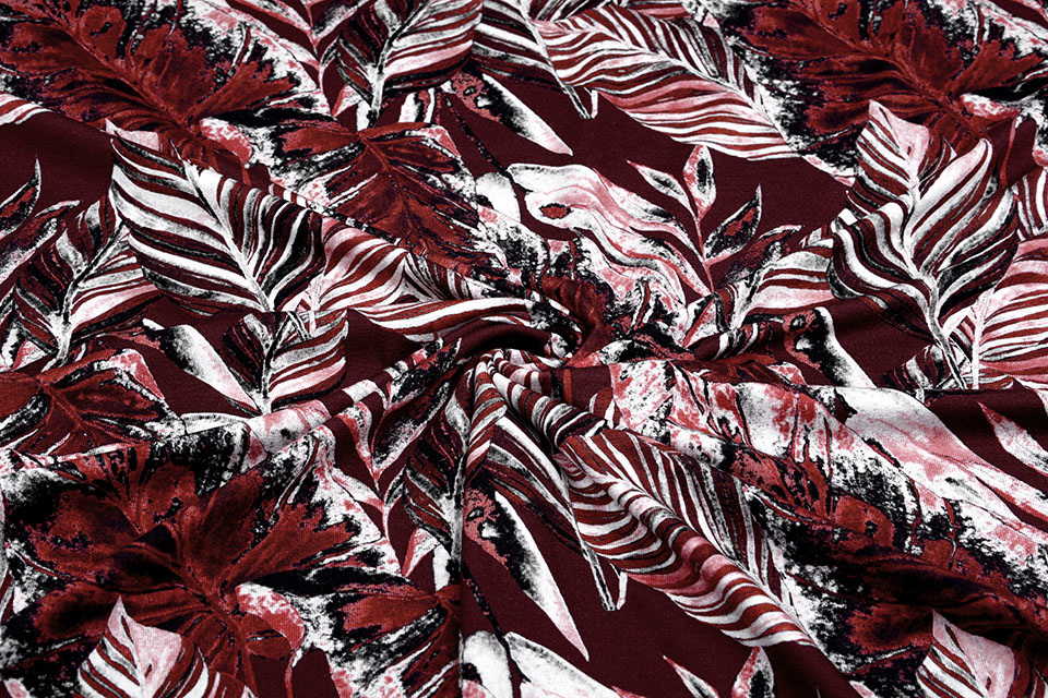 Viscose Jersey Digitaal Bladeren Bordeaux