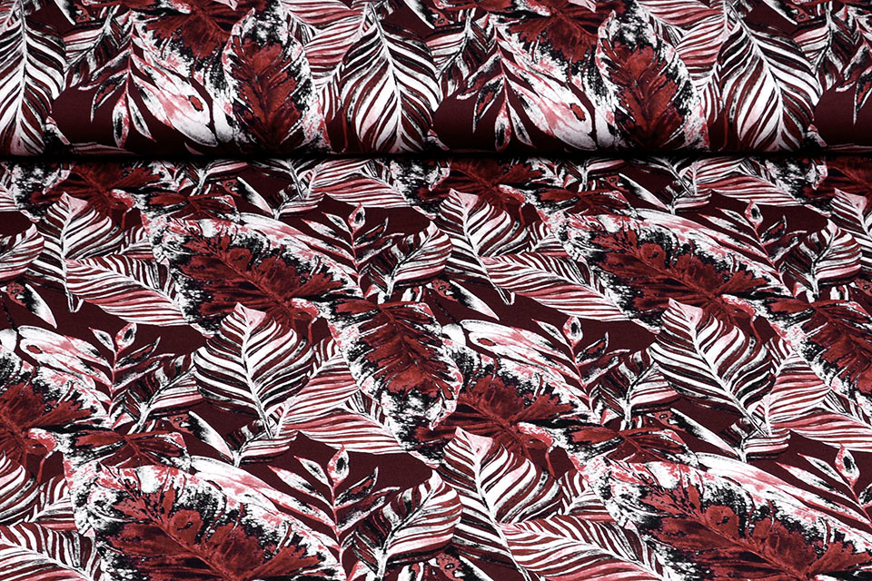 Viscose Jersey Digitaal Bladeren Bordeaux