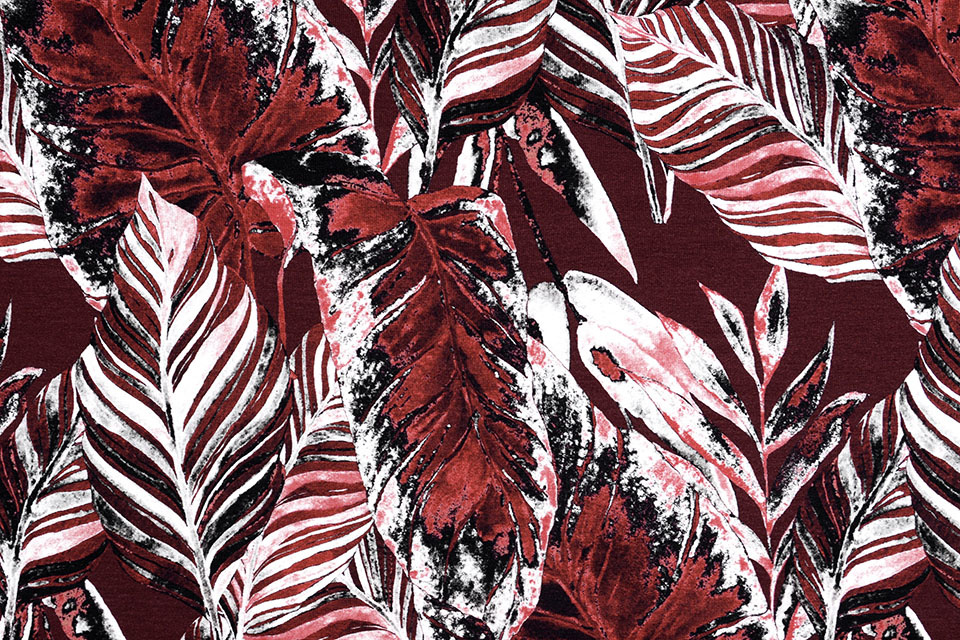 Viscose Jersey Digitaal Bladeren Bordeaux