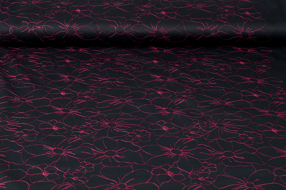 Stretch Cotton Embroidered Flowers Black