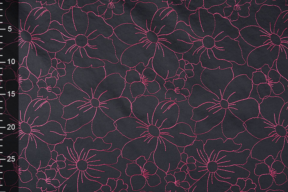 Stretch Cotton Embroidered Flowers Black