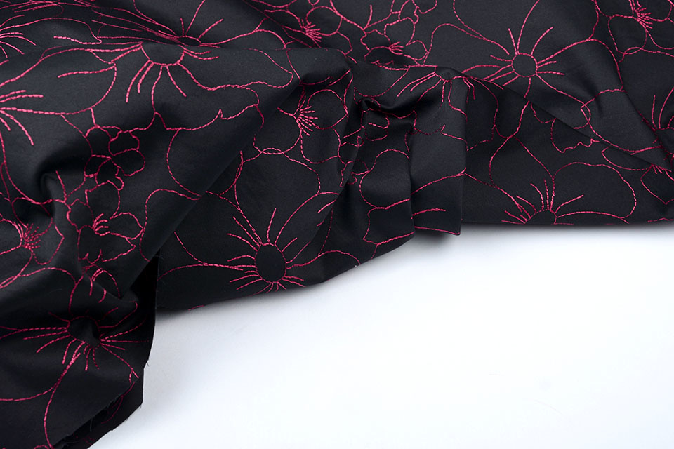 Stretch Cotton Embroidered Flowers Black