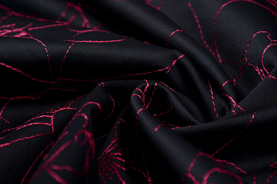 Stretch Cotton Embroidered Flowers Black
