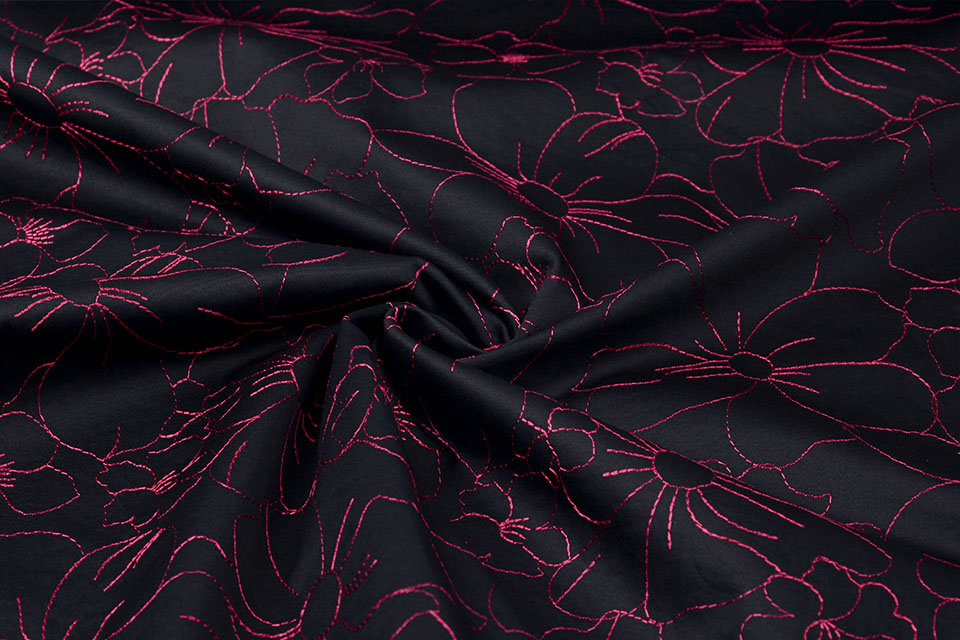 Stretch Cotton Embroidered Flowers Black
